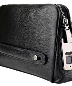 Welaso Fingerprint Lock Leather Handbag,Anti Theft Waterproof Genuine Leather Clutch Bag Wallet for Man Woman Black