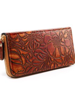 Vintage embossed women's zipper purse Stylish and elegant leather carved clutch bag for holding cards and mobile phone. (Brown) Brown