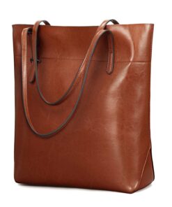 Kattee Vintage Genuine Leather Tote Shoulder Handbag for Woman with Adjustable Handles Brown