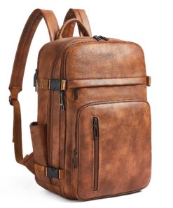 Leather Laptop Backpack for Women, Featuring a 15.6" Padded Laptop Compartment, Water Bottle Pocket and Trolley Sleeve, Ideal for Work, Travel, Everyday Use, and as a Thoughtful Gift 2-1 Brown