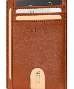Buffway Slim Minimalist Front Pocket RFID Blocking Leather Wallets for Men and Women - Lichee Light Brown